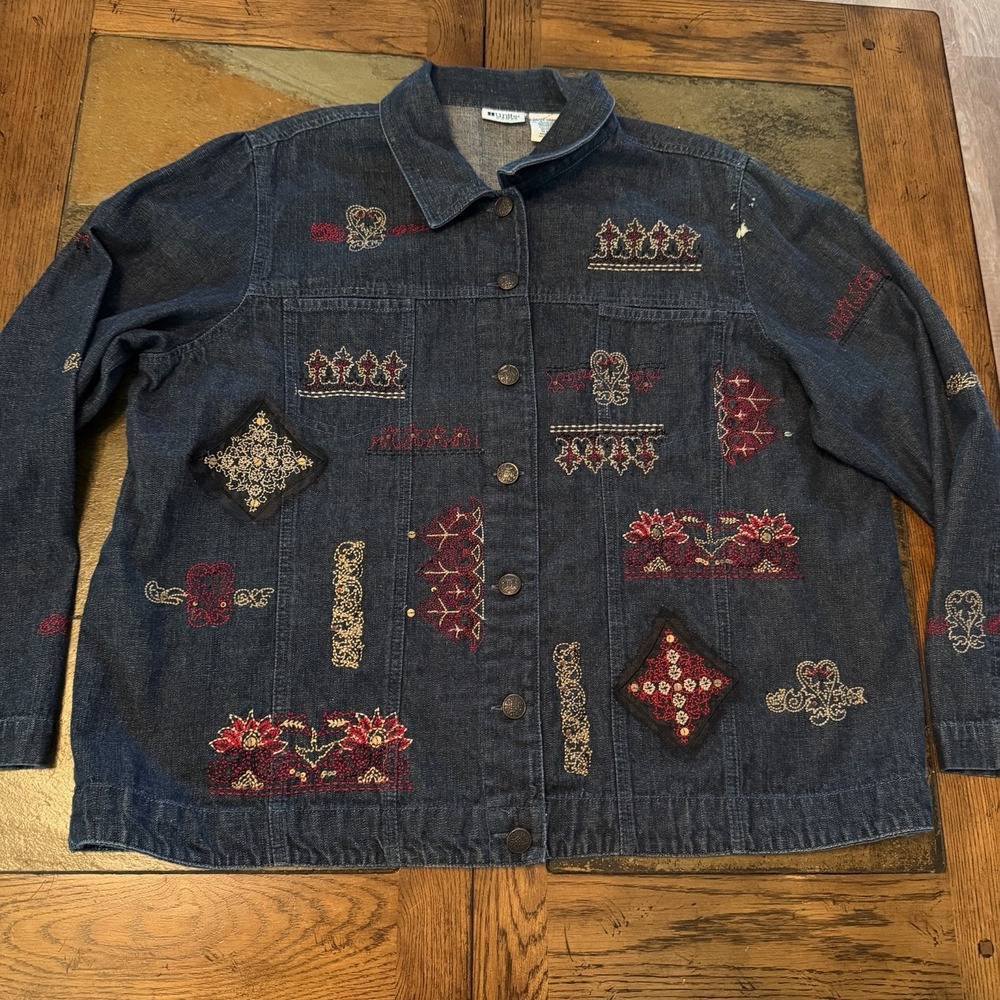 Vintage Cottagecore Denim Jacket 2X Embroidery Patchwork Art To Wear Grandmacore